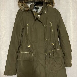 INC International Concepts Olive Utility Jacket with Faux Fur Hood